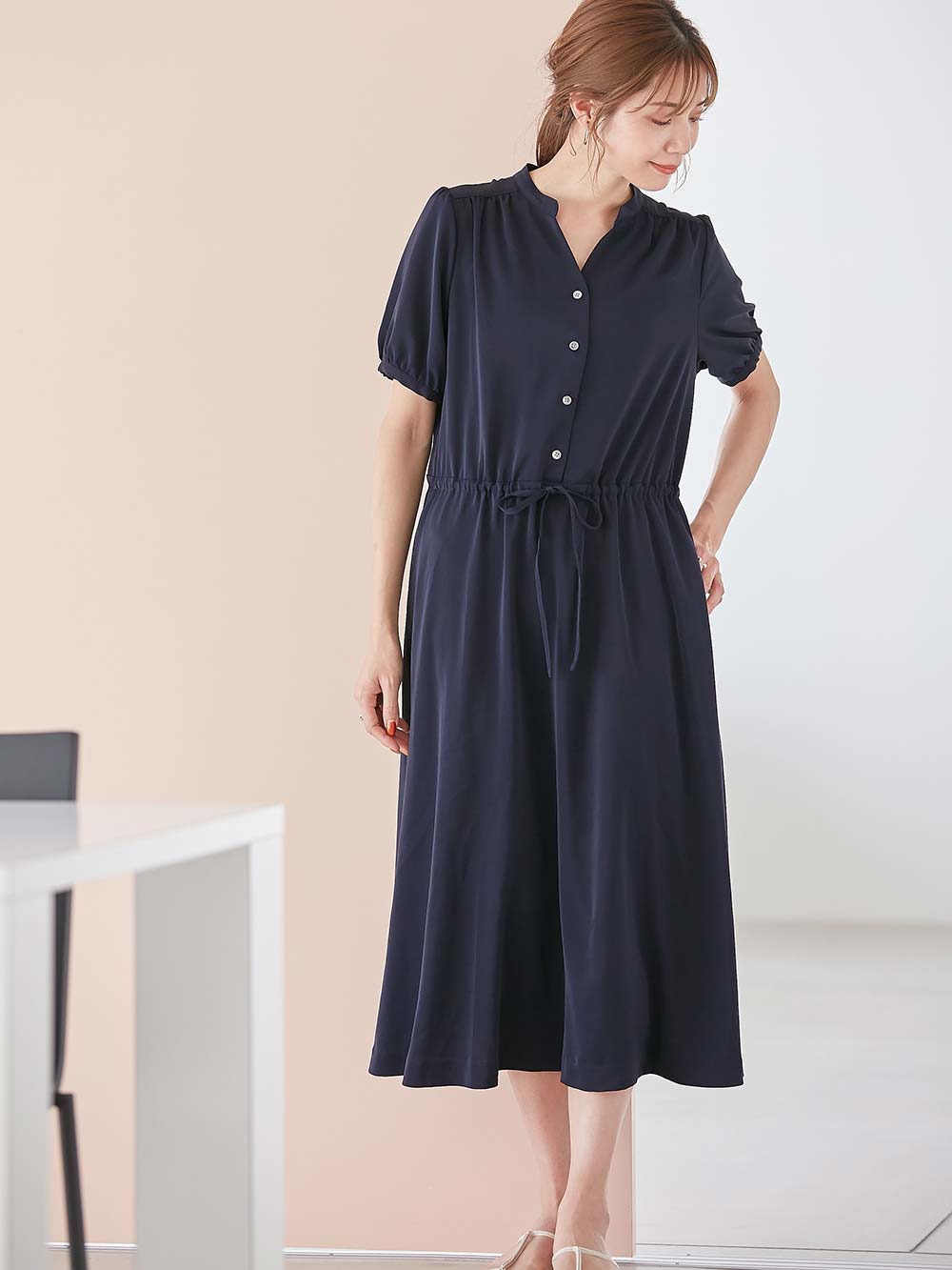 マタニティ ワンピース|半袖ギャザーシャツワンピース　マタニティ・産後授乳服【出産後も長く使える】|ネイビー