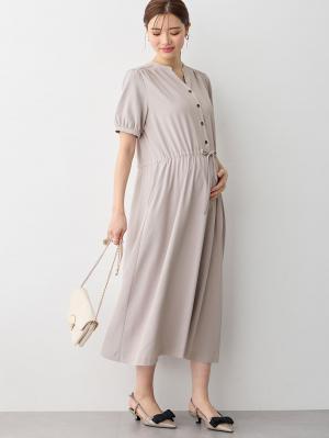 マタニティ ワンピース|半袖ギャザーシャツワンピース　マタニティ・産後授乳服【出産後も長く使える】|ペールグレー