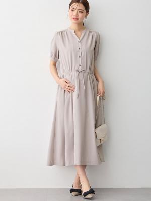 マタニティ ワンピース|半袖ギャザーシャツワンピース　マタニティ・産後授乳服【出産後も長く使える】|ペールグレー