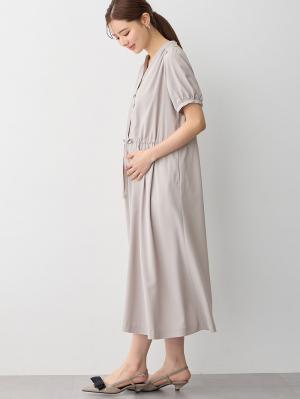 マタニティ ワンピース|半袖ギャザーシャツワンピース　マタニティ・産後授乳服【出産後も長く使える】|ペールグレー