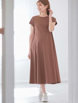 マタニティ ワンピース|コットン100%フレア半袖ワンピース マタニティ・授乳服【出産後も長く使える】|ブラウンパープル