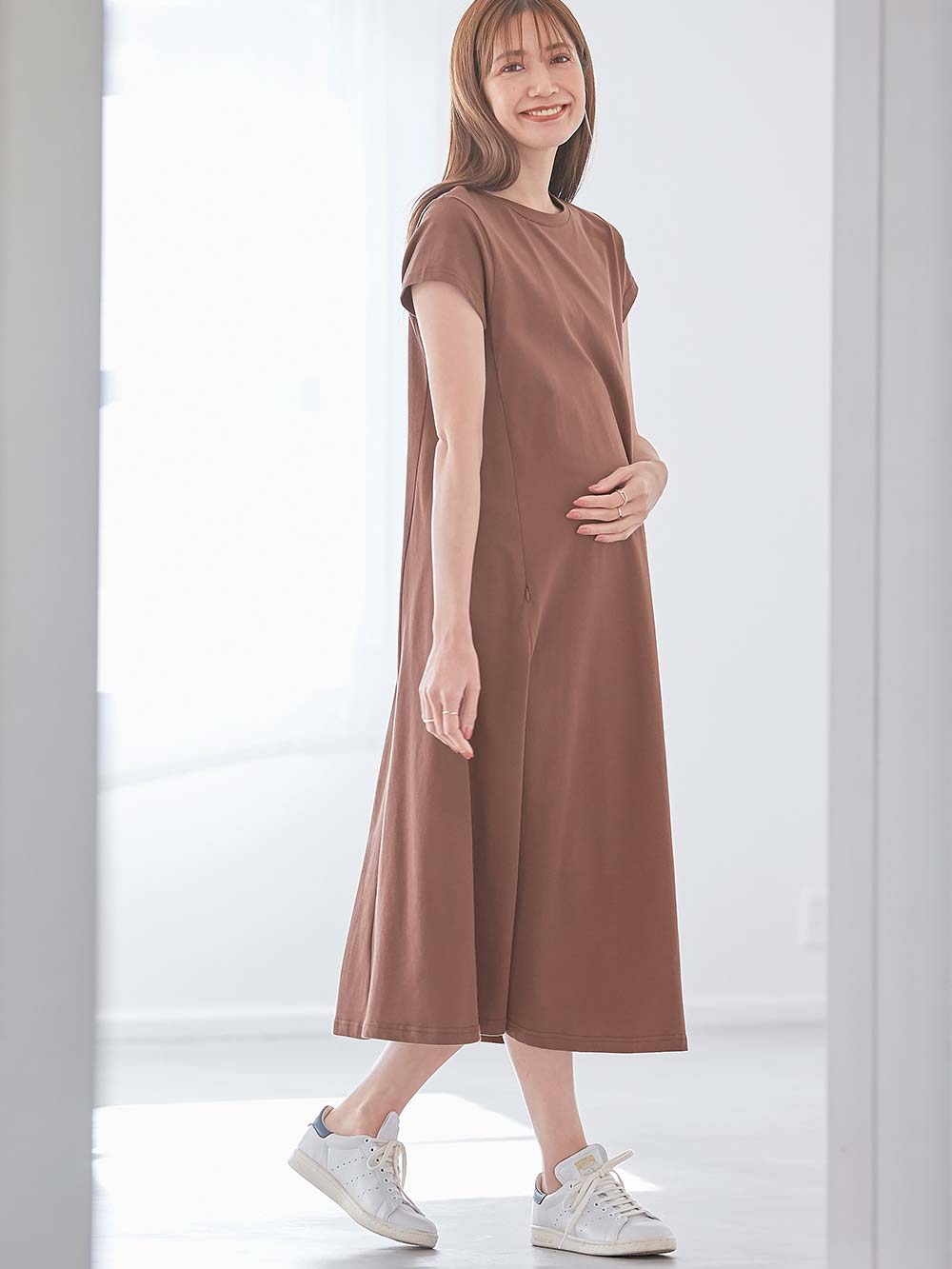 マタニティ ワンピース|コットン100%フレア半袖ワンピース マタニティ・授乳服【出産後も長く使える】|ブラウンパープル