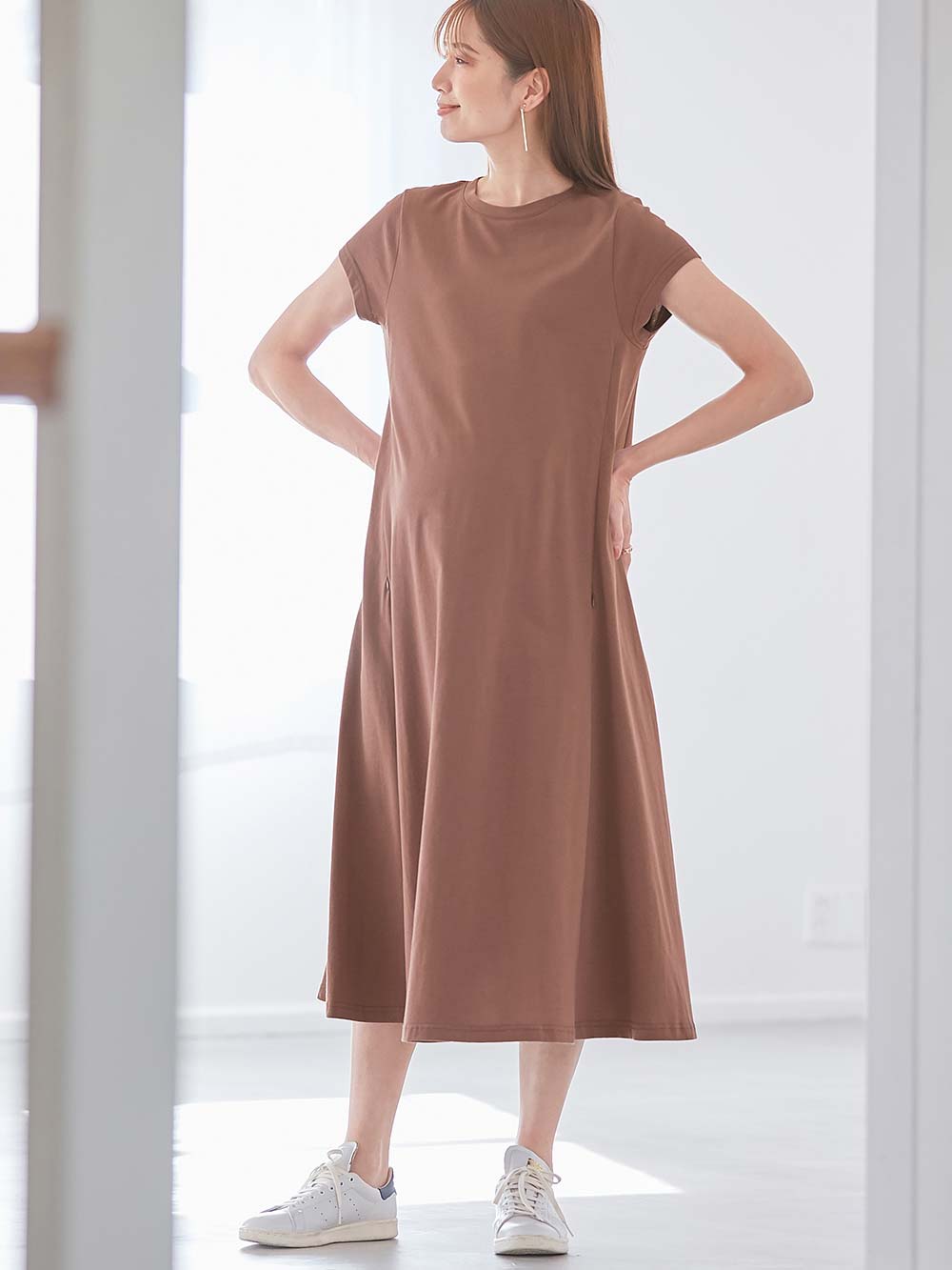 マタニティ ワンピース|コットン100%フレア半袖ワンピース マタニティ・授乳服【出産後も長く使える】|ブラウンパープル