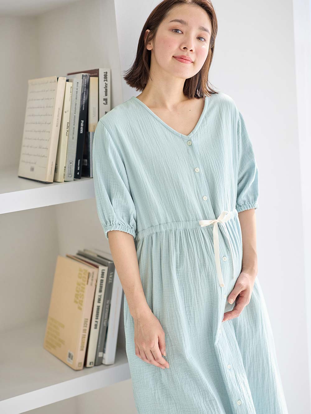 マタニティ パジャマ・ルームウェア|ぷくぷくWガーゼウエストリボンネグリジェ　マタニティ・産後【出産後も長く使える】|グレイッシュブルー