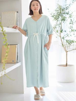 マタニティ パジャマ・ルームウェア|ぷくぷくWガーゼウエストリボンネグリジェ　マタニティ・産後【出産後も長く使える】|グレイッシュブルー