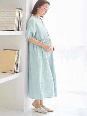 マタニティ パジャマ・ルームウェア|ぷくぷくWガーゼウエストリボンネグリジェ　マタニティ・産後【出産後も長く使える】|グレイッシュブルー