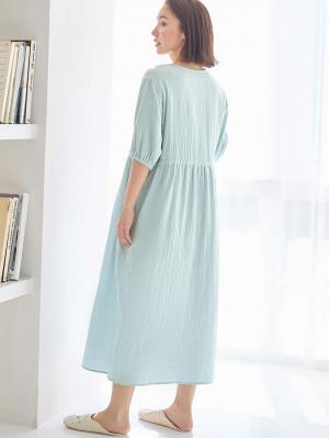 マタニティ パジャマ・ルームウェア|ぷくぷくWガーゼウエストリボンネグリジェ　マタニティ・産後【出産後も長く使える】|グレイッシュブルー