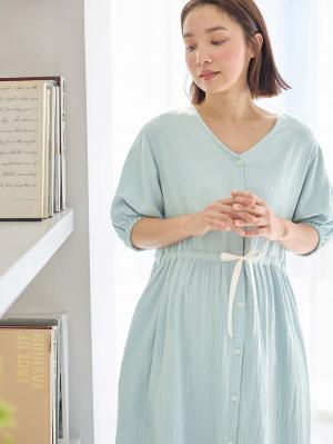 マタニティ パジャマ・ルームウェア|ぷくぷくWガーゼウエストリボンネグリジェ　マタニティ・産後【出産後も長く使える】|グレイッシュブルー