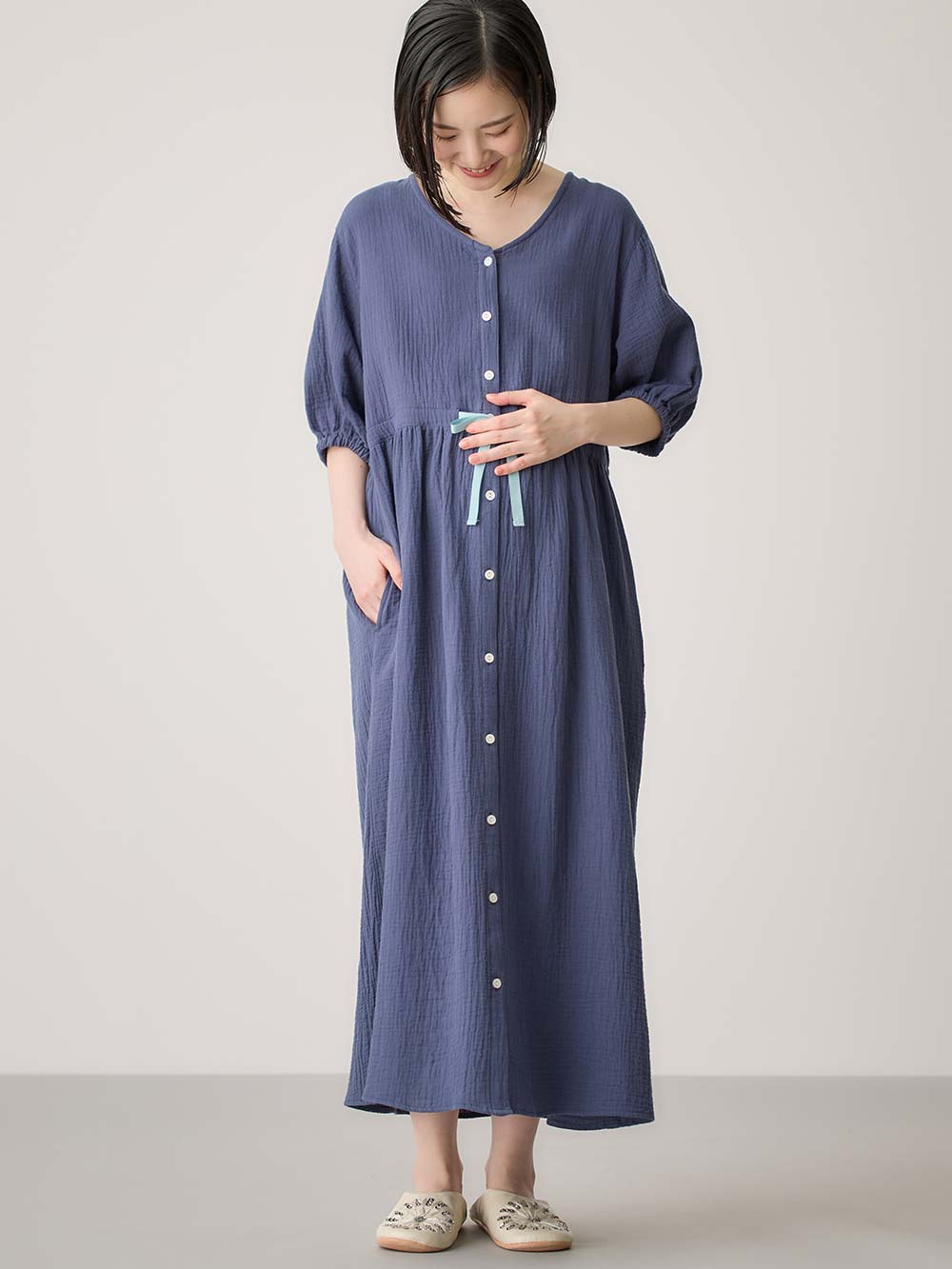 マタニティ パジャマ・ルームウェア|ぷくぷくWガーゼウエストリボンネグリジェ　マタニティ・産後【出産後も長く使える】|ネイビー