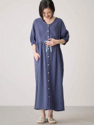 マタニティ パジャマ・ルームウェア|ぷくぷくWガーゼウエストリボンネグリジェ　マタニティ・産後【出産後も長く使える】|ネイビー
