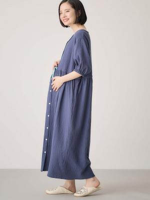 マタニティ パジャマ・ルームウェア|ぷくぷくWガーゼウエストリボンネグリジェ　マタニティ・産後【出産後も長く使える】|ネイビー