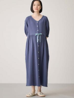 マタニティ パジャマ・ルームウェア|ぷくぷくWガーゼウエストリボンネグリジェ　マタニティ・産後【出産後も長く使える】|ネイビー