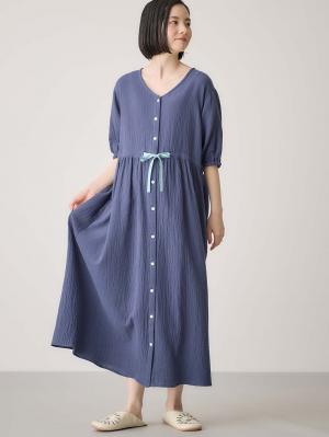 マタニティ パジャマ・ルームウェア|ぷくぷくWガーゼウエストリボンネグリジェ　マタニティ・産後【出産後も長く使える】|ネイビー