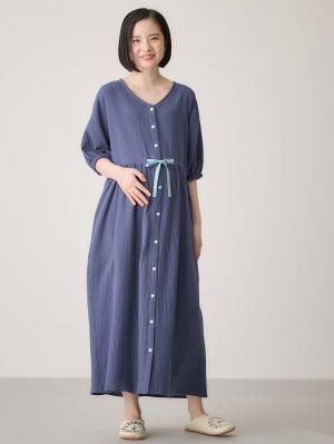 マタニティ パジャマ・ルームウェア|ぷくぷくWガーゼウエストリボンネグリジェ　マタニティ・産後【出産後も長く使える】|ネイビー