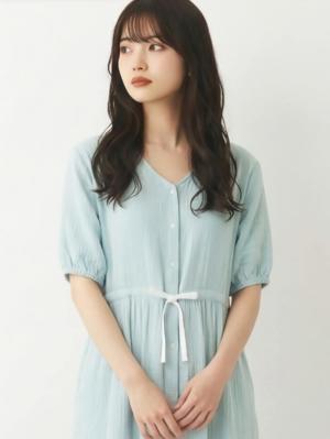 ぷくぷくWガーゼウエストリボンネグリジェ　マタニティ・産後【出産後も長く使える】