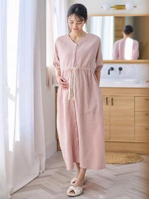 マタニティ パジャマ・ルームウェア|ぷくぷくWガーゼウエストリボンネグリジェ　マタニティ・産後【出産後も長く使える】|グレイッシュブルー