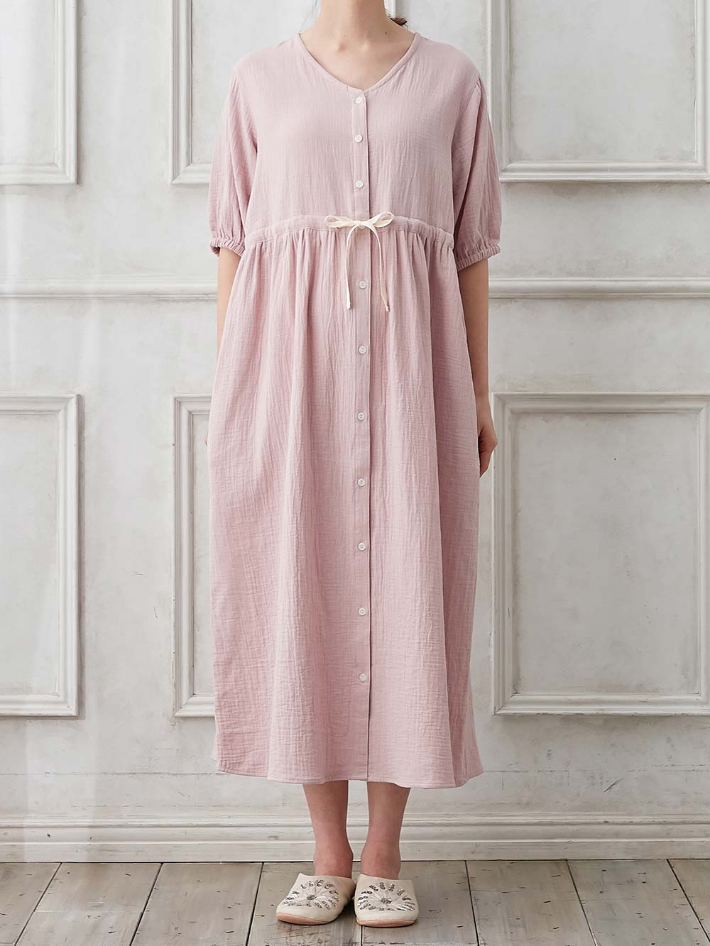 マタニティ パジャマ・ルームウェア|ぷくぷくWガーゼウエストリボンネグリジェ　マタニティ・産後【出産後も長く使える】