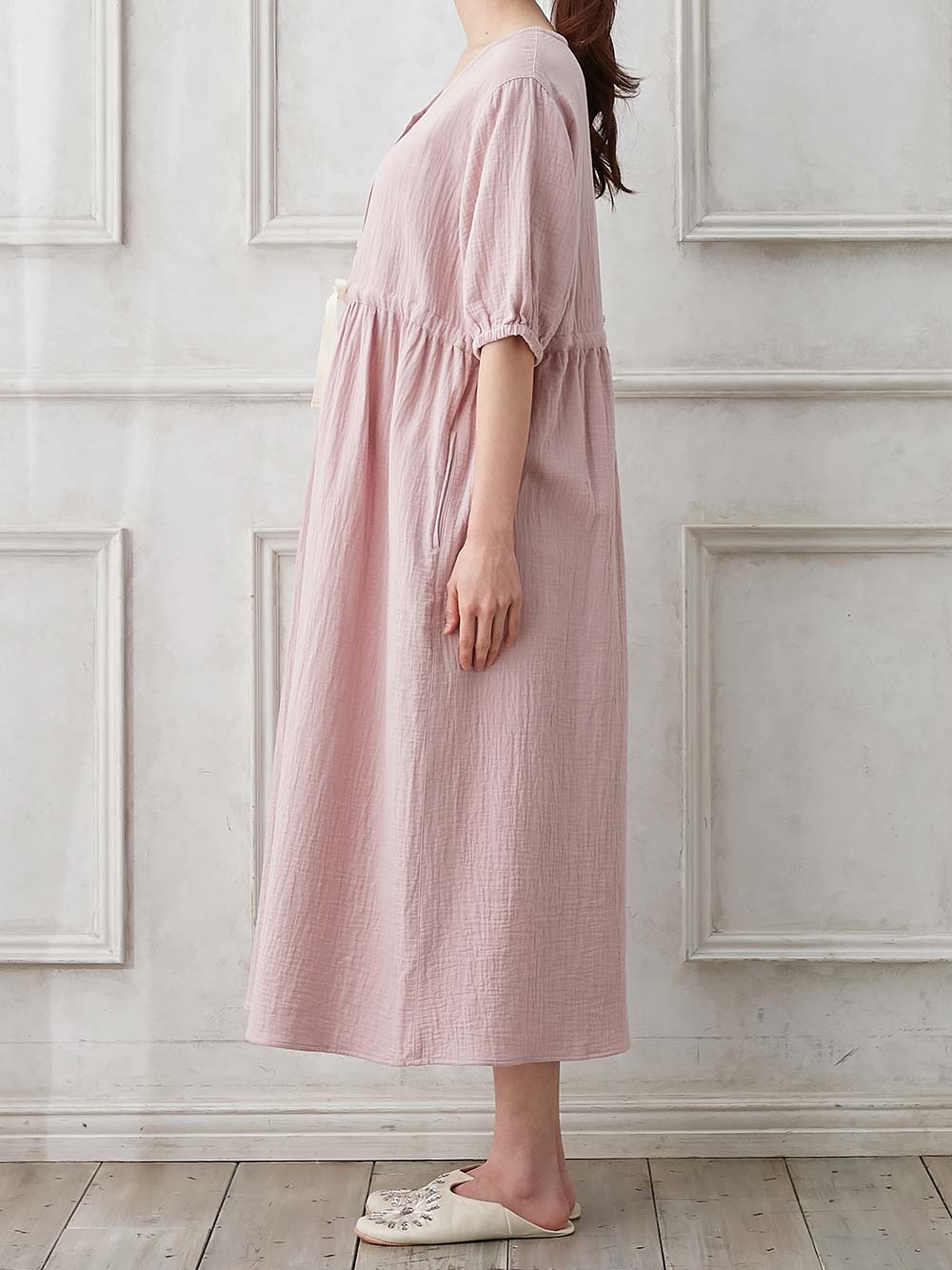 マタニティ パジャマ・ルームウェア|ぷくぷくWガーゼウエストリボンネグリジェ　マタニティ・産後【出産後も長く使える】