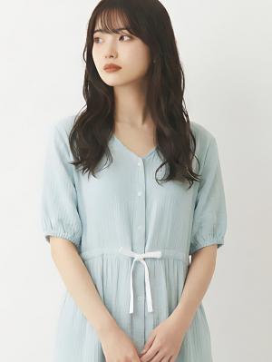 ぷくぷくWガーゼウエストリボンネグリジェ　マタニティ・産後【出産後も長く使える】