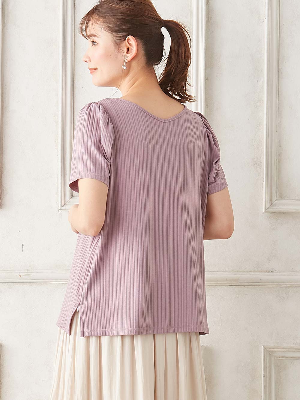 マタニティ トップス|2WAY ランダムリブカットソー半袖トップス　マタニティ・産後授乳服【出産後も長く使える】|パープル