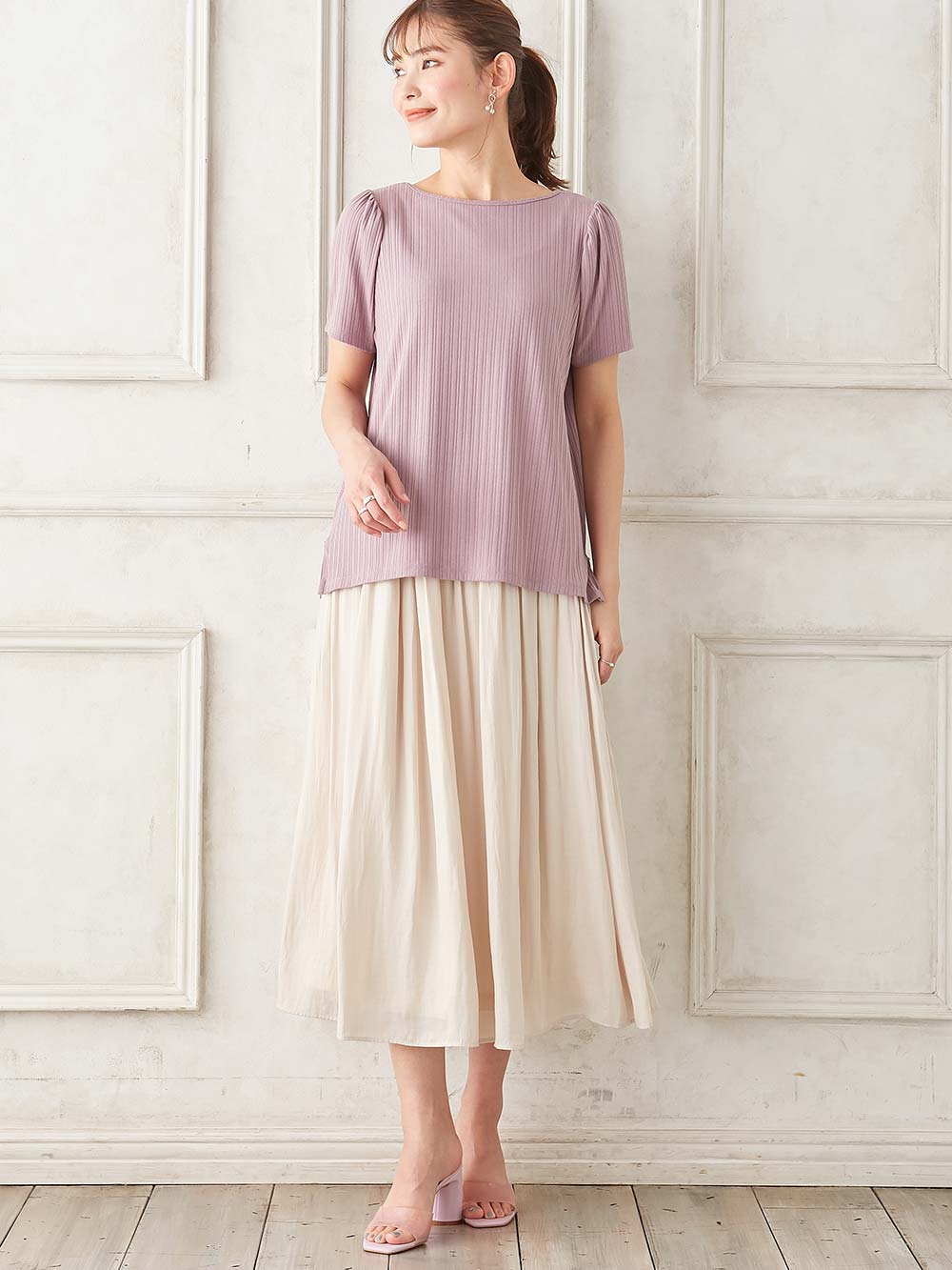 マタニティ トップス|2WAY ランダムリブカットソー半袖トップス　マタニティ・産後授乳服【出産後も長く使える】|パープル