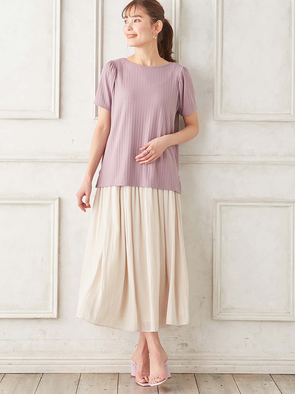 マタニティ トップス|2WAY ランダムリブカットソー半袖トップス　マタニティ・産後授乳服【出産後も長く使える】|パープル