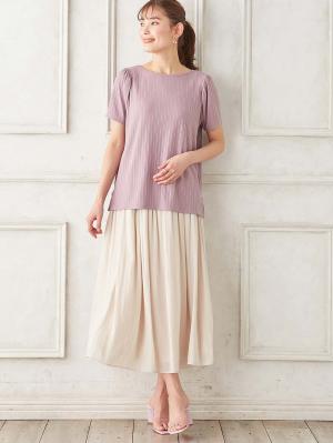 マタニティ トップス|2WAY ランダムリブカットソー半袖トップス　マタニティ・産後授乳服【出産後も長く使える】|パープル