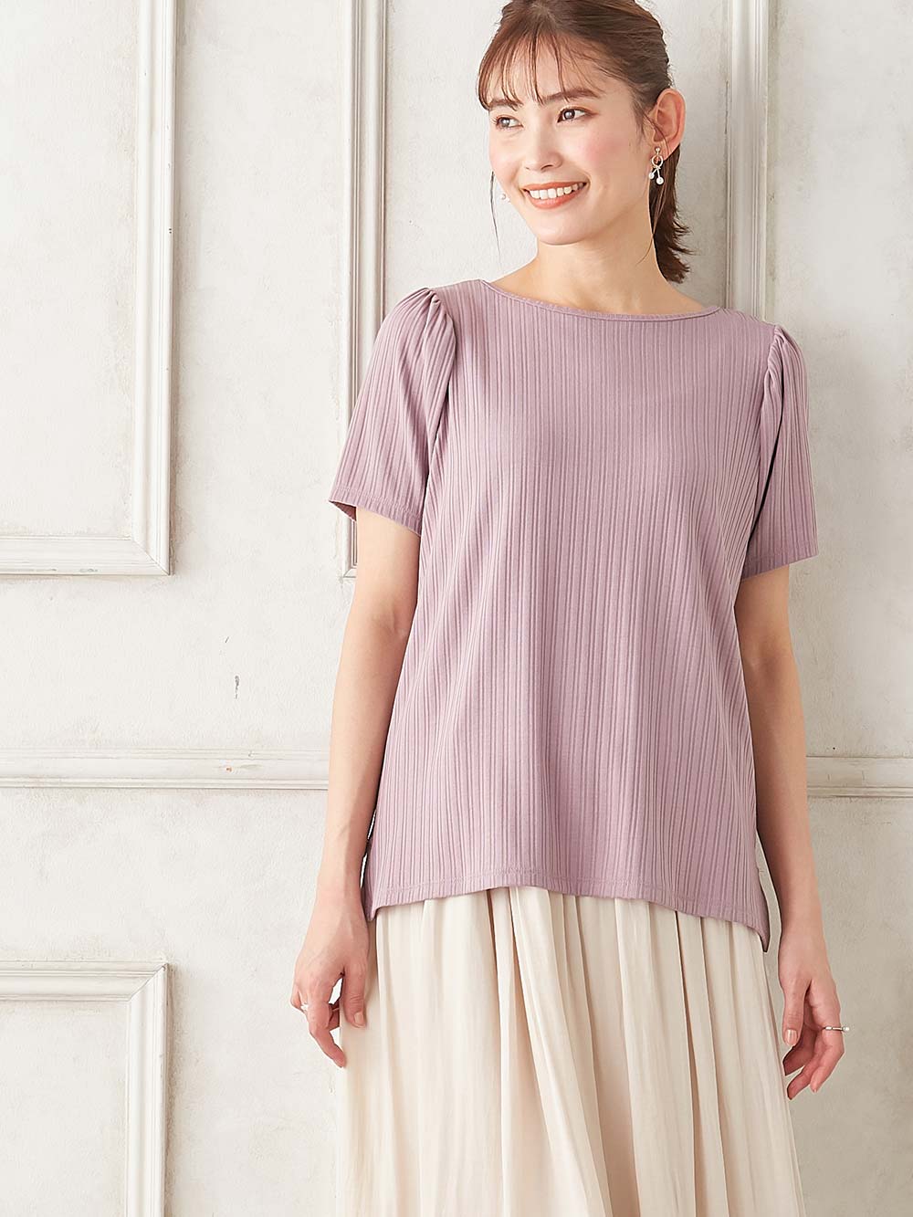 マタニティ トップス|2WAY ランダムリブカットソー半袖トップス　マタニティ・産後授乳服【出産後も長く使える】|パープル