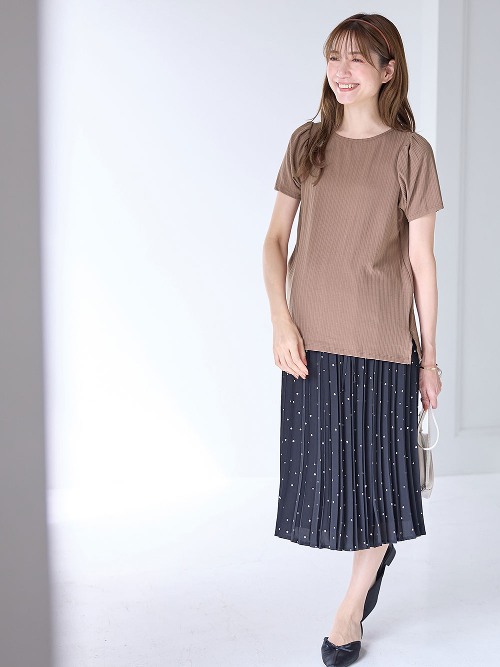 マタニティ トップス|2WAY ランダムリブカットソー半袖トップス　マタニティ・産後授乳服【出産後も長く使える】|モカブラウン