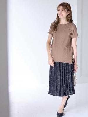 マタニティ トップス|2WAY ランダムリブカットソー半袖トップス　マタニティ・産後授乳服【出産後も長く使える】|モカブラウン