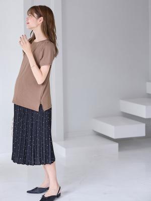 マタニティ トップス|2WAY ランダムリブカットソー半袖トップス　マタニティ・産後授乳服【出産後も長く使える】|モカブラウン