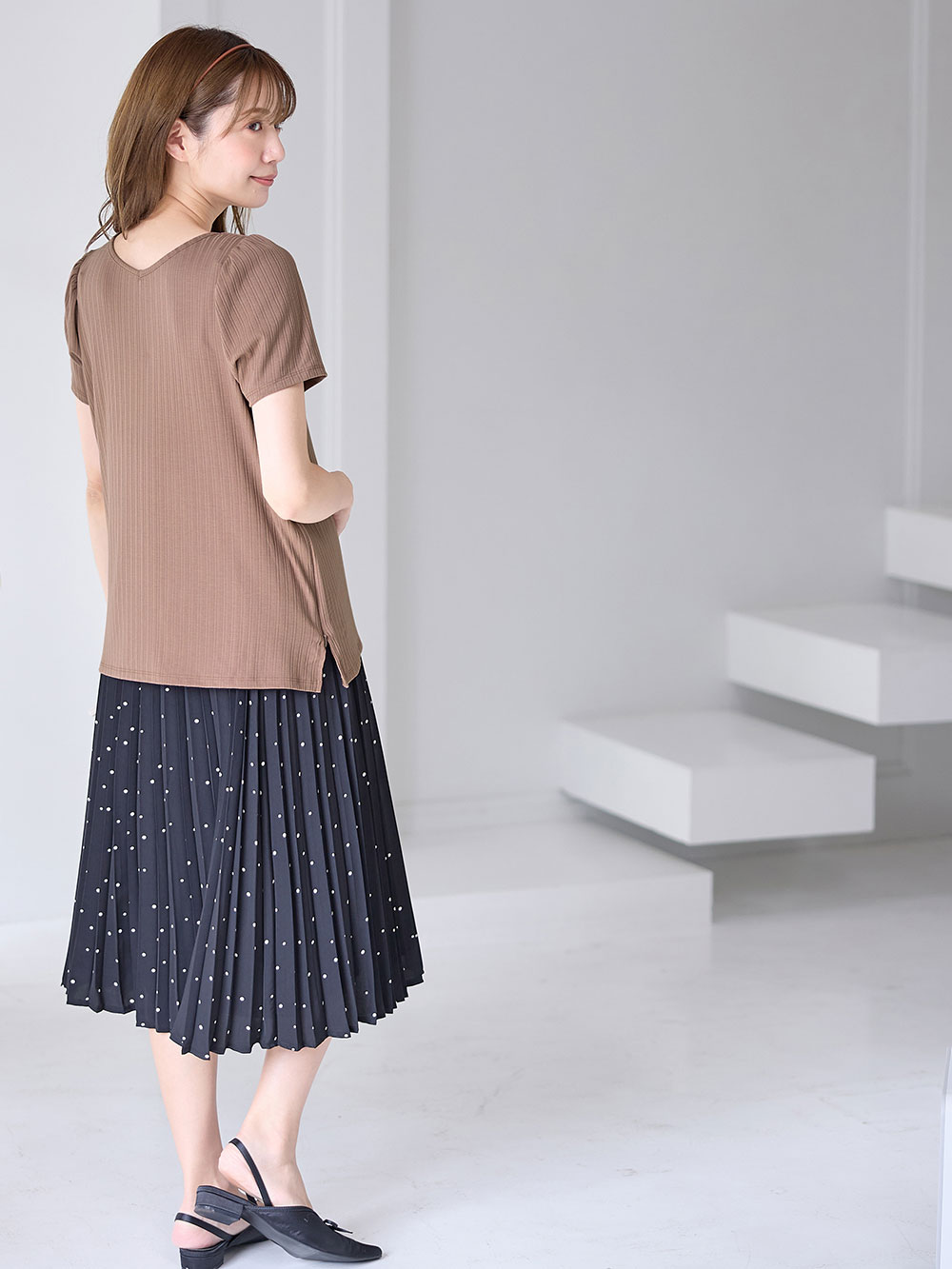 マタニティ トップス|2WAY ランダムリブカットソー半袖トップス　マタニティ・産後授乳服【出産後も長く使える】|モカブラウン