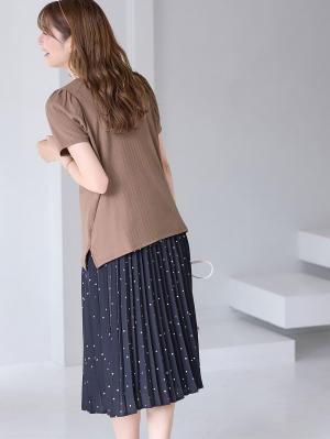 マタニティ トップス|2WAY ランダムリブカットソー半袖トップス　マタニティ・産後授乳服【出産後も長く使える】|モカブラウン