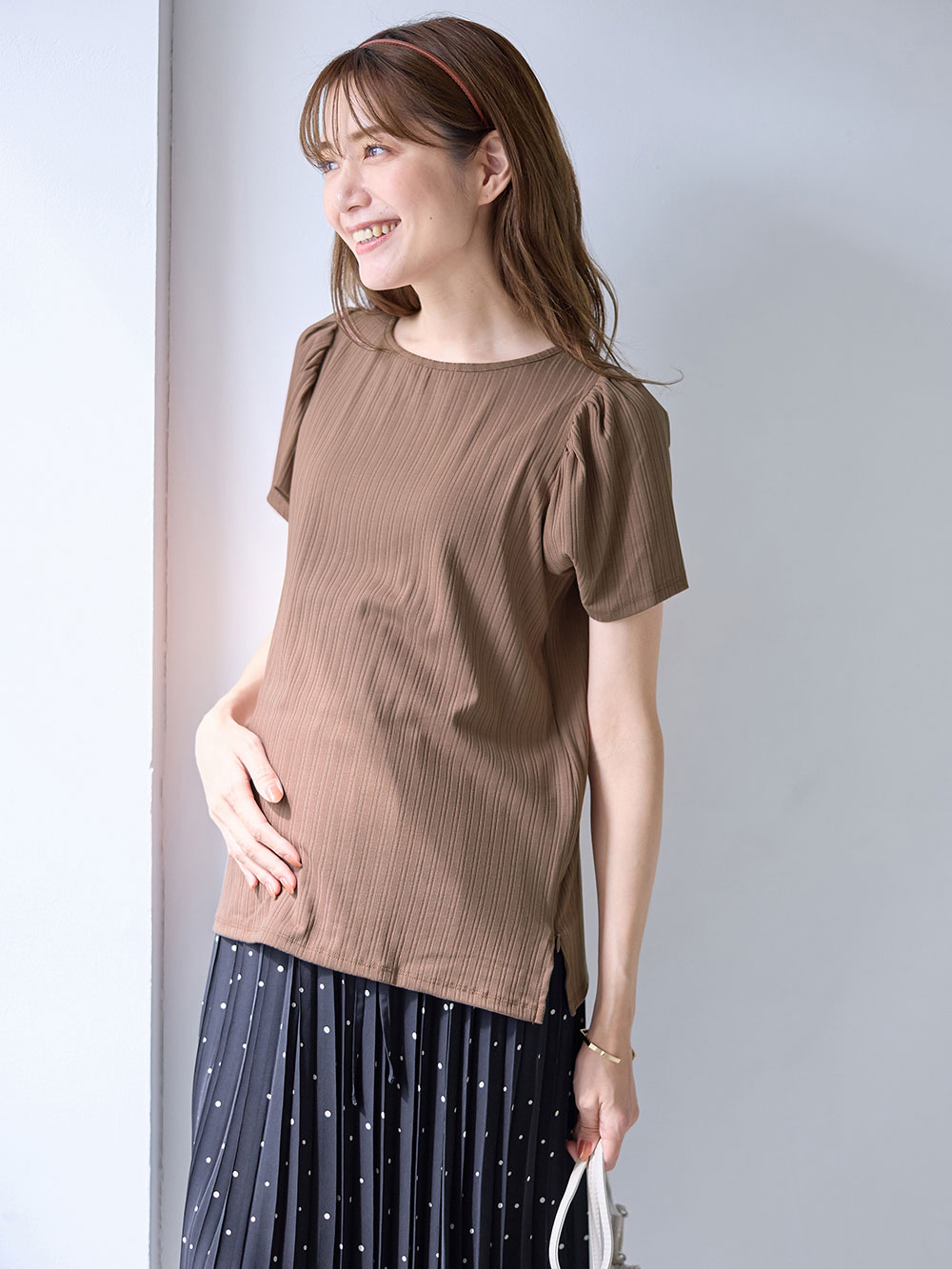 マタニティ トップス|2WAY ランダムリブカットソー半袖トップス　マタニティ・産後授乳服【出産後も長く使える】|モカブラウン