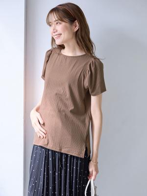 マタニティ トップス|2WAY ランダムリブカットソー半袖トップス　マタニティ・産後授乳服【出産後も長く使える】|モカブラウン