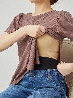 マタニティ トップス|2WAY ランダムリブカットソー半袖トップス　マタニティ・産後授乳服【出産後も長く使える】