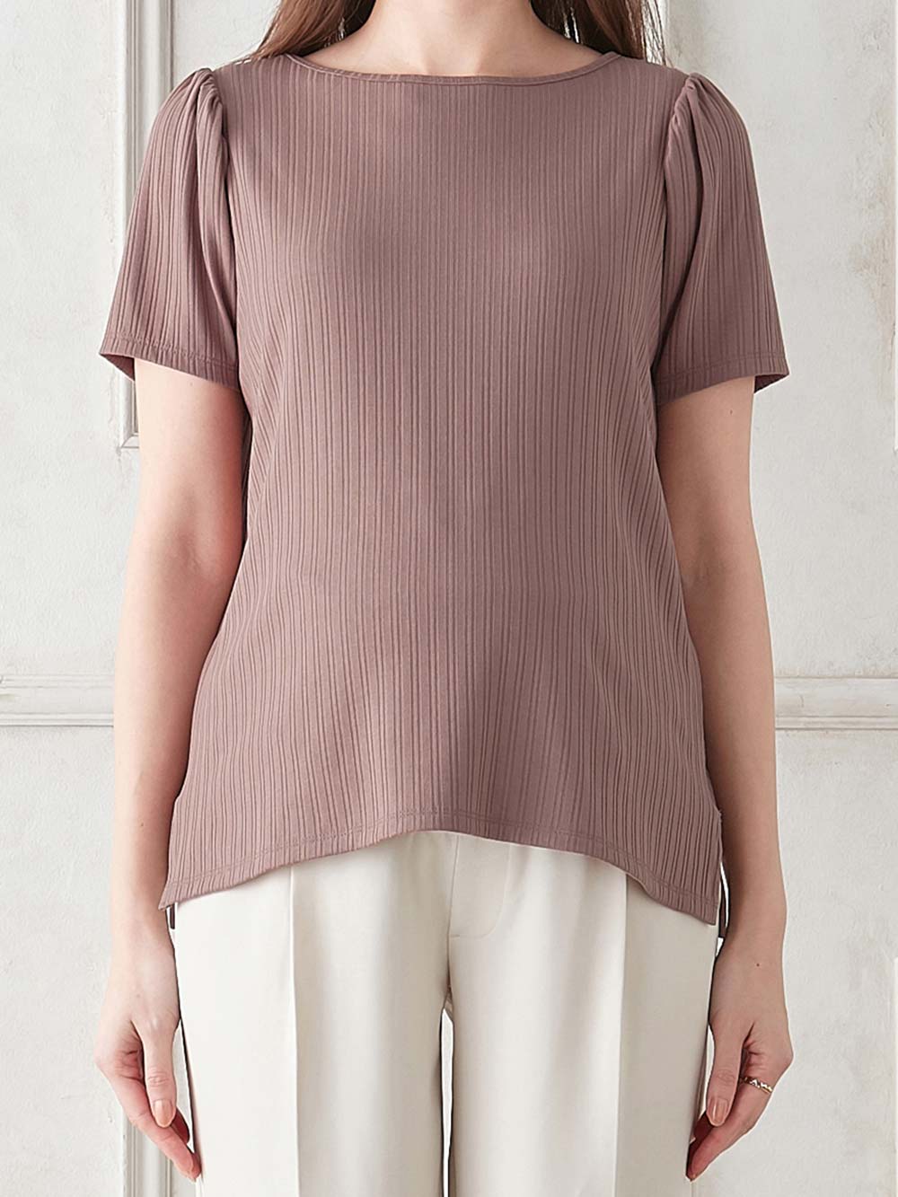 マタニティ トップス|2WAY ランダムリブカットソー半袖トップス　マタニティ・産後授乳服【出産後も長く使える】