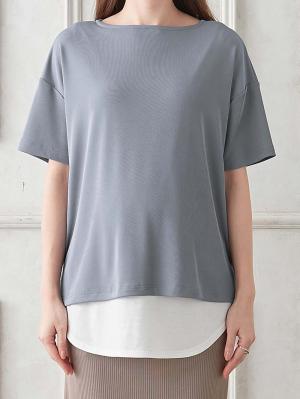 マタニティ トップス|レイヤード風半袖トップス　マタニティ・産後授乳服【出産後も長く使える】