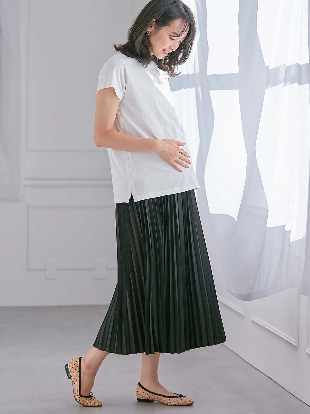 マタニティ スカート|プリーツスカート マタニティ・産後【出産後も長く使える】|ブラック