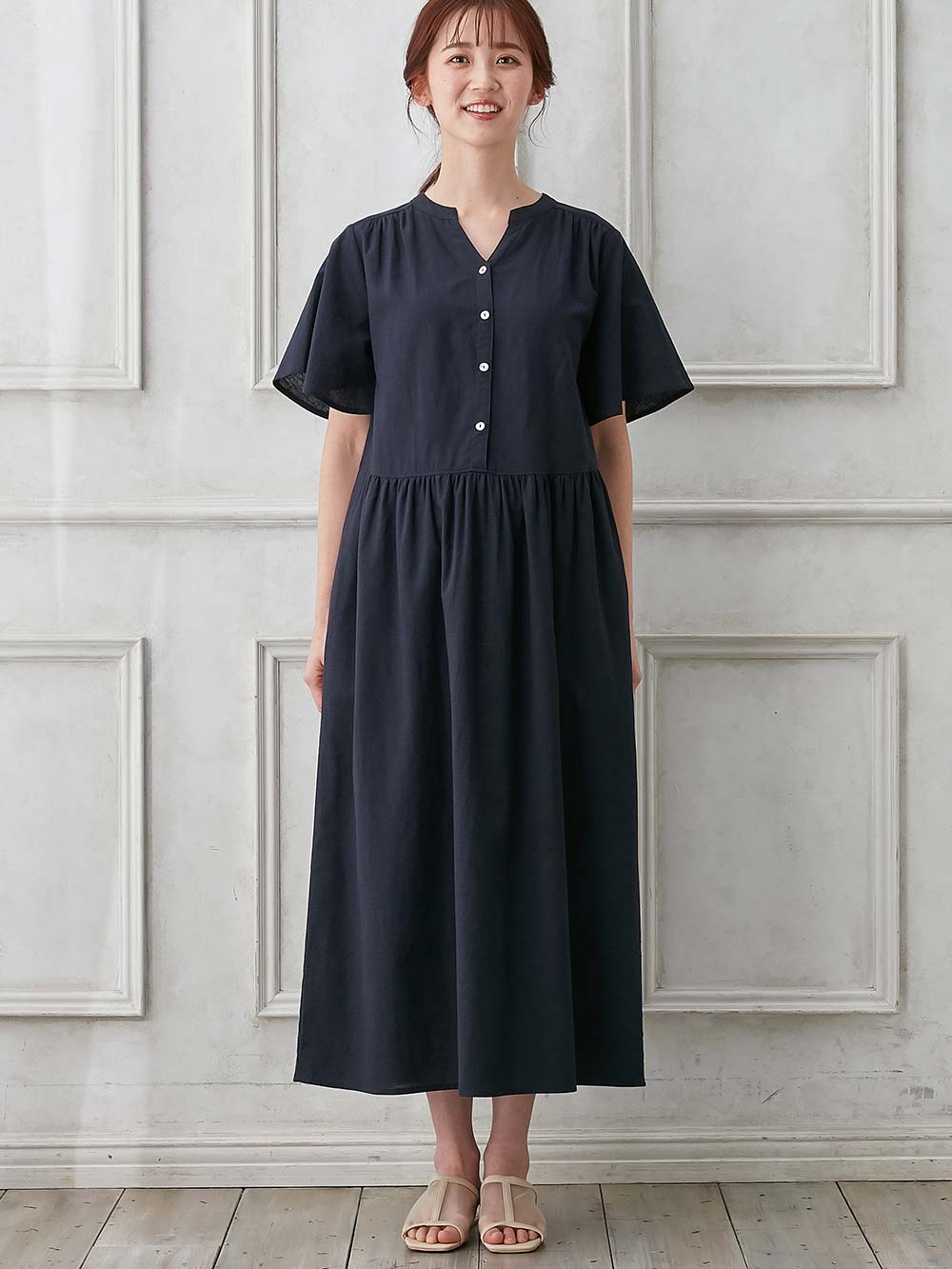 マタニティ ワンピース|【抗菌消臭】ウォッシャブル加工リネンレーヨン混Vネックワンピース　マタニティ・産後授乳服【出産後も長く使える】