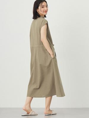 マタニティ ワンピース|ウォッシャブル加工リネンレーヨン前開きワンピース マタニティ・産後授乳服【出産後も長く使える】|カーキ