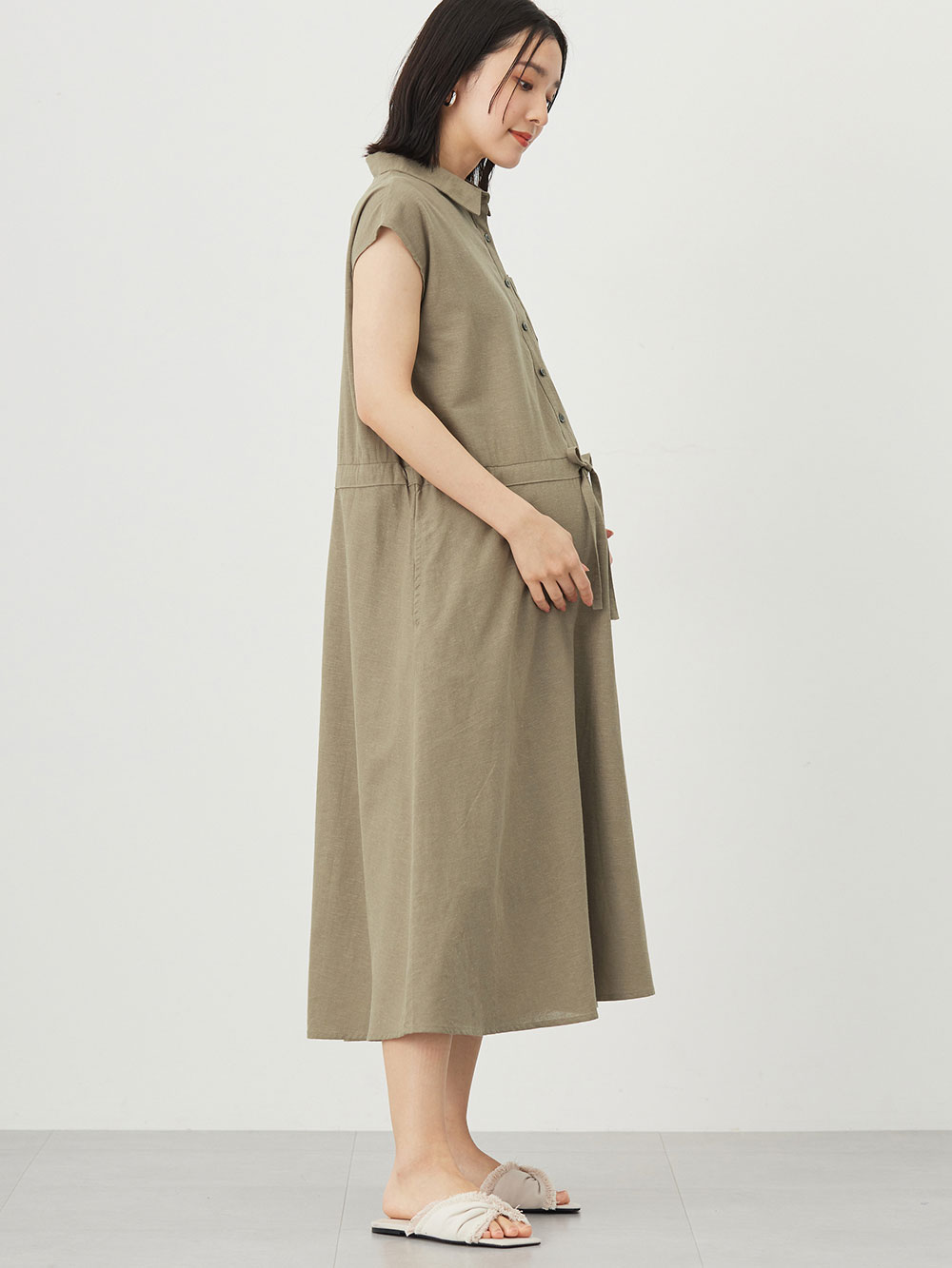 マタニティ ワンピース|ウォッシャブル加工リネンレーヨン前開きワンピース マタニティ・産後授乳服【出産後も長く使える】|カーキ
