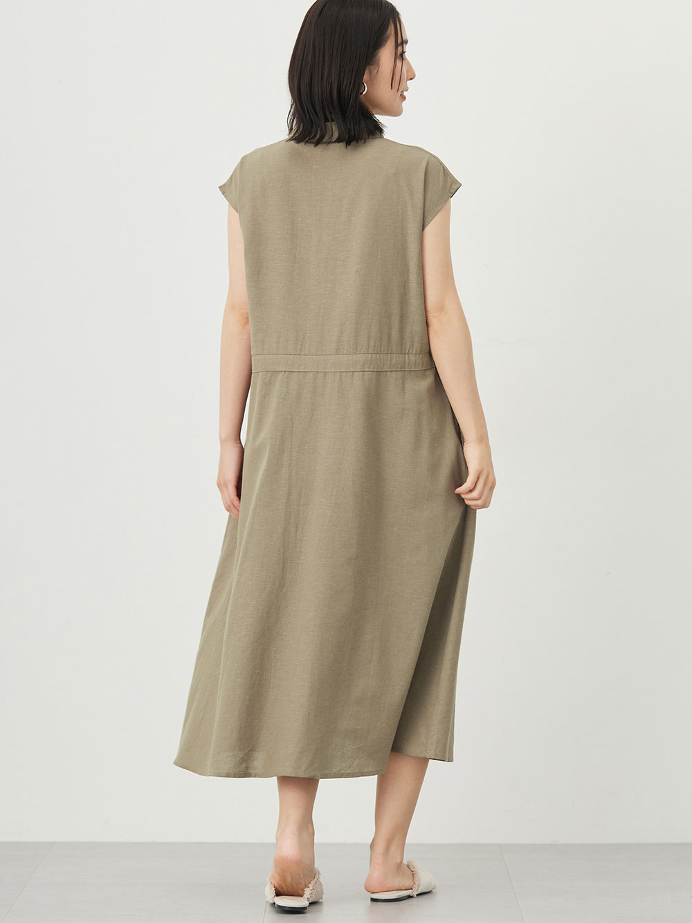 マタニティ ワンピース|ウォッシャブル加工リネンレーヨン前開きワンピース マタニティ・産後授乳服【出産後も長く使える】|カーキ