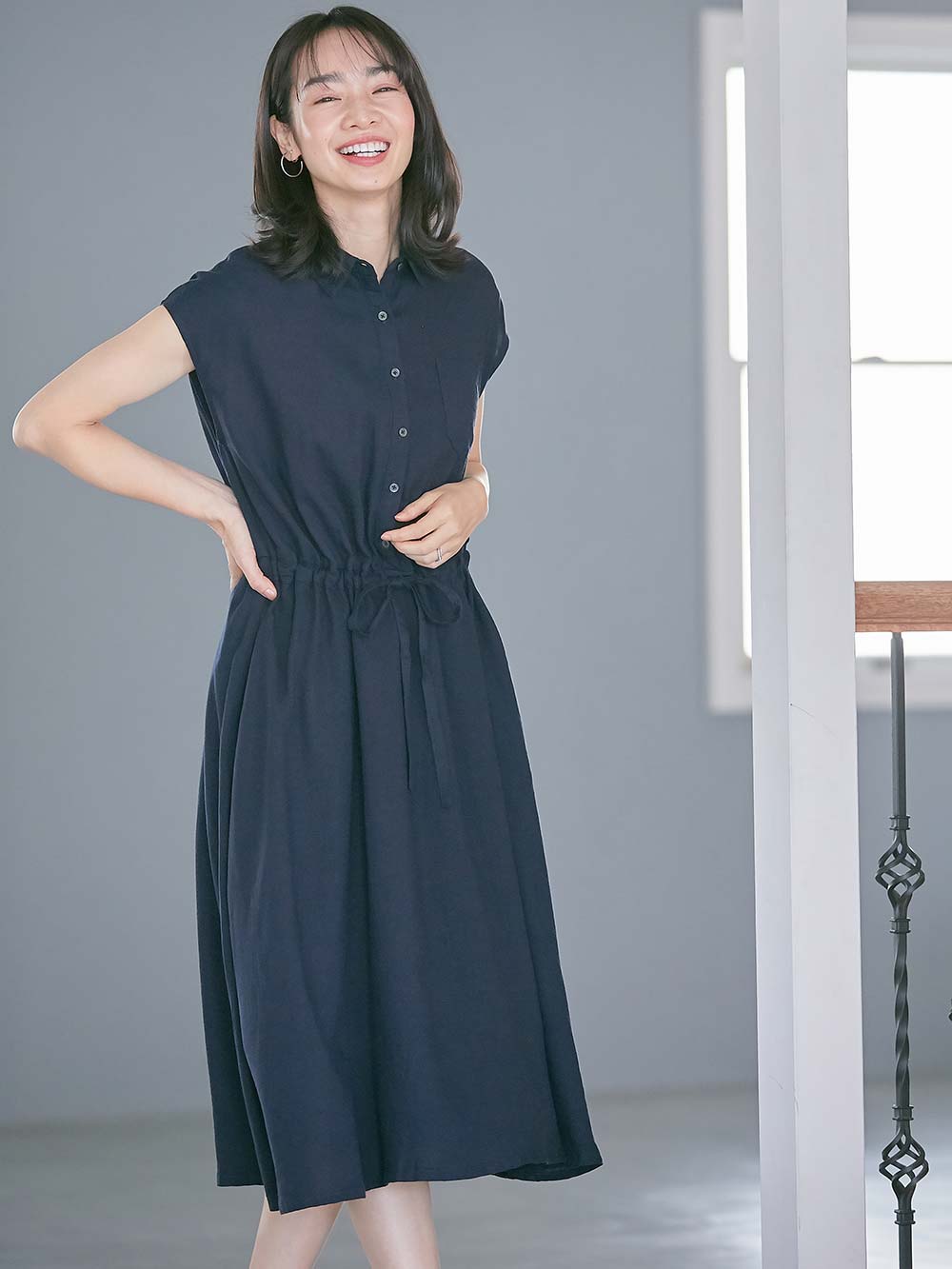 ウォッシャブル加工リネンレーヨン前開きワンピース