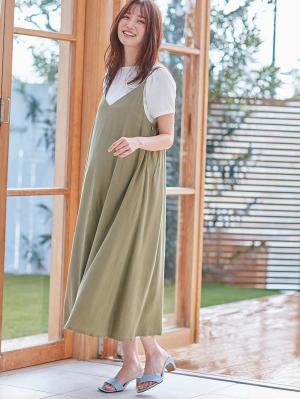マタニティ ワンピース|ウォッシャブル加工リネンレーヨンキャミワンピース マタニティ・産後授乳服【出産後も長く使える】|カーキ