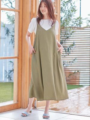 マタニティ ワンピース|ウォッシャブル加工リネンレーヨンキャミワンピース マタニティ・産後授乳服【出産後も長く使える】|カーキ