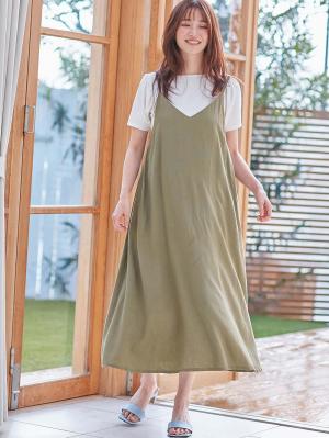 マタニティ ワンピース|ウォッシャブル加工リネンレーヨンキャミワンピース マタニティ・産後授乳服【出産後も長く使える】|カーキ