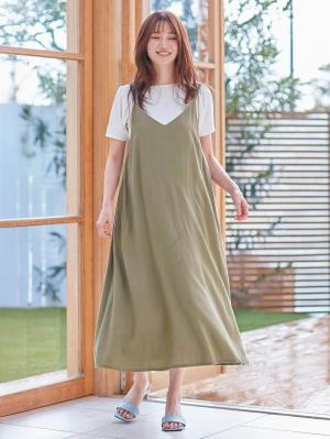 マタニティ ワンピース|ウォッシャブル加工リネンレーヨンキャミワンピース マタニティ・産後授乳服【出産後も長く使える】|カーキ