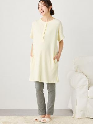 マタニティ パジャマ・ルームウェア|リブヘンリーネック半袖トップス&産後も使えるレギンスパジャマ マタニティ・授乳パジャマ【出産後も長く使える】|ペールイエロー