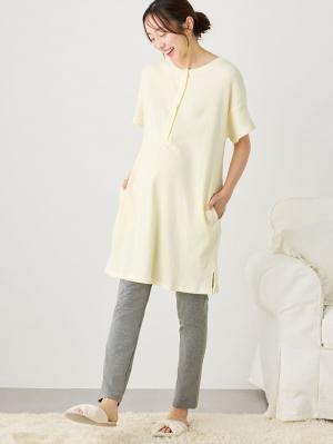 マタニティ パジャマ・ルームウェア|リブヘンリーネック半袖トップス&産後も使えるレギンスパジャマ マタニティ・授乳パジャマ【出産後も長く使える】|ペールイエロー